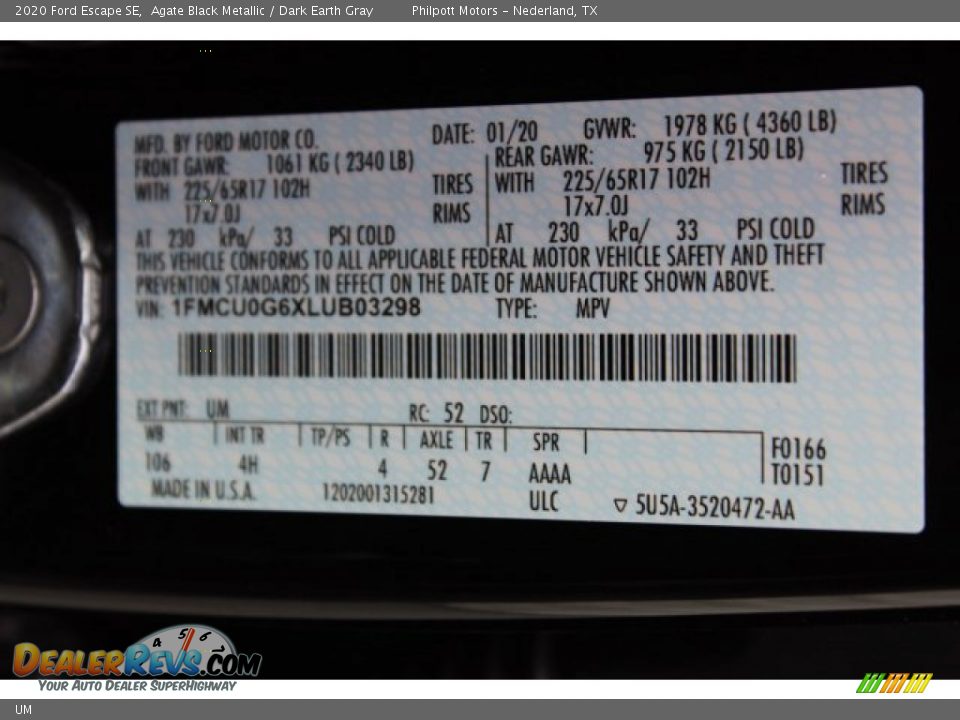 Ford Color Code UM Agate Black Metallic