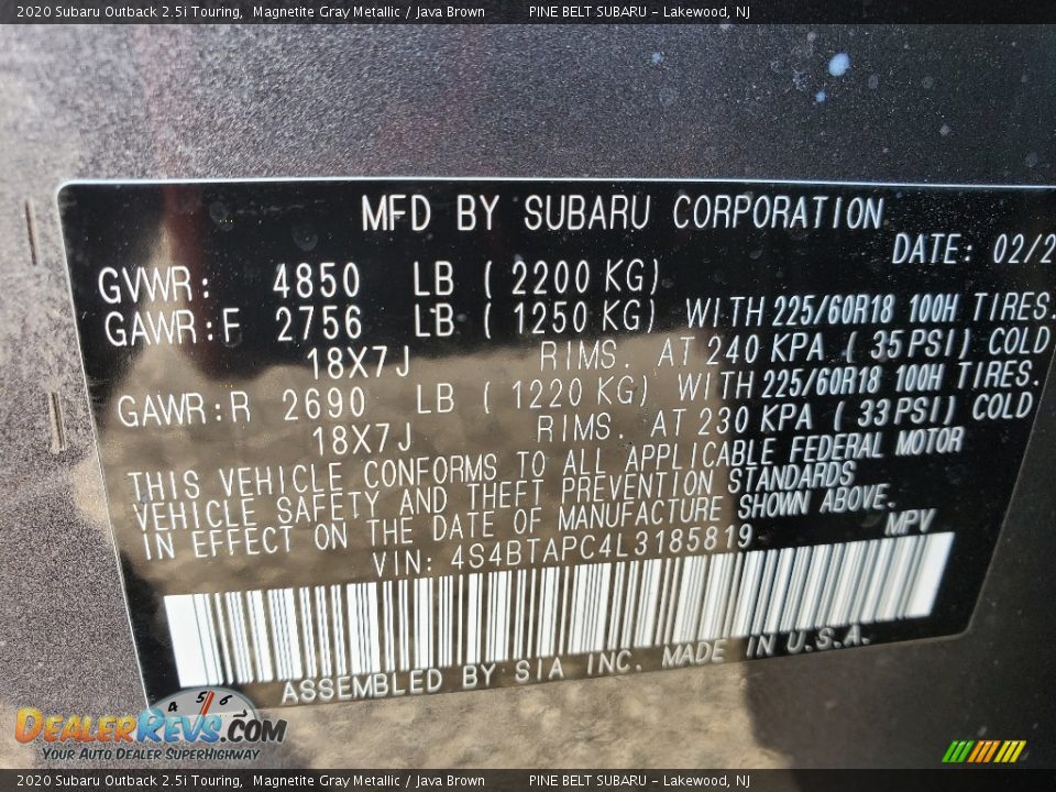 2020 Subaru Outback 2.5i Touring Magnetite Gray Metallic / Java Brown Photo #12