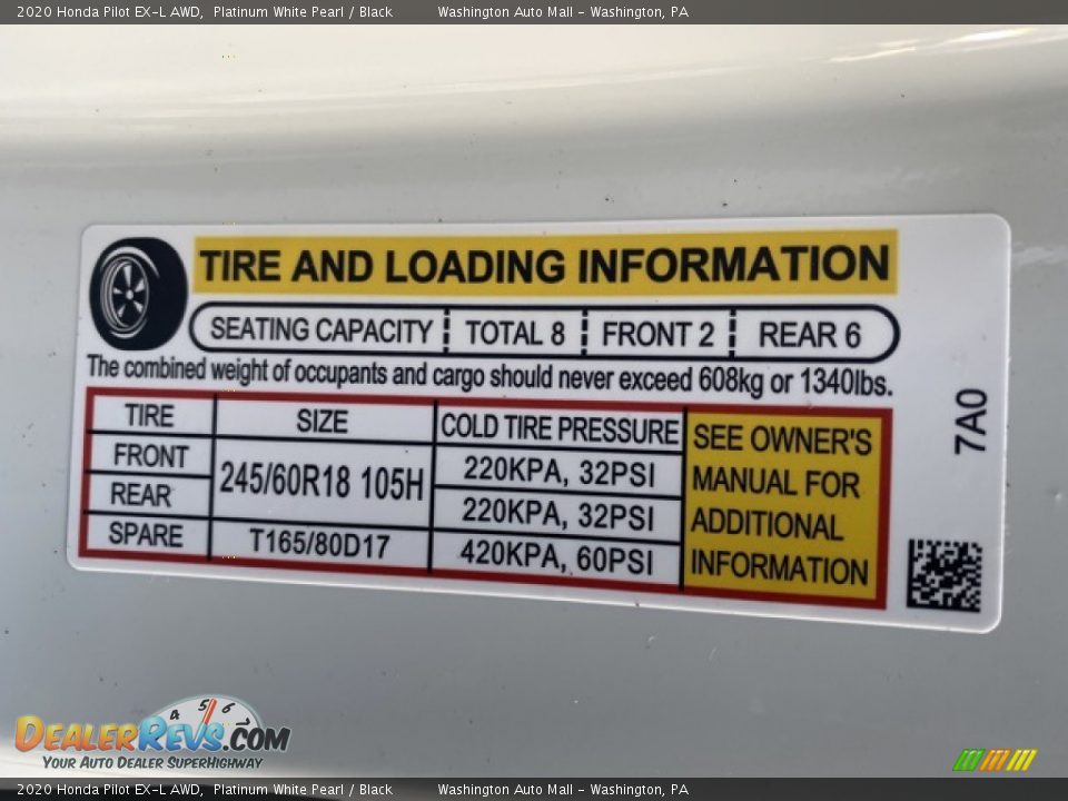 2020 Honda Pilot EX-L AWD Platinum White Pearl / Black Photo #8
