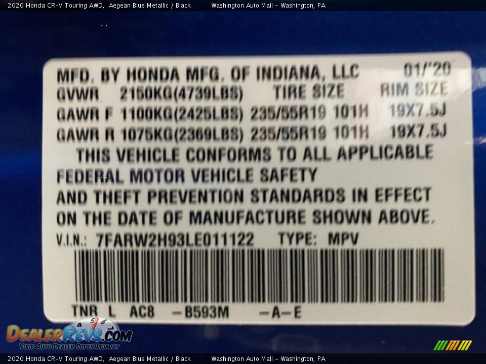 2020 Honda CR-V Touring AWD Aegean Blue Metallic / Black Photo #9