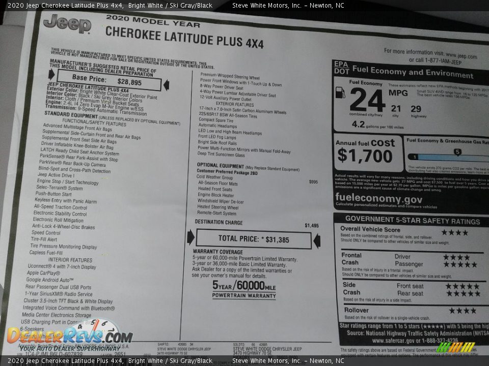 2020 Jeep Cherokee Latitude Plus 4x4 Bright White / Ski Gray/Black Photo #30