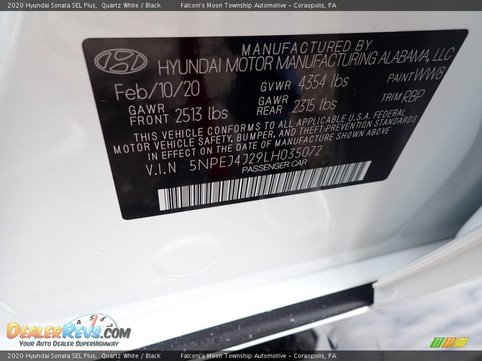2020 Hyundai Sonata SEL Plus Quartz White / Black Photo #12