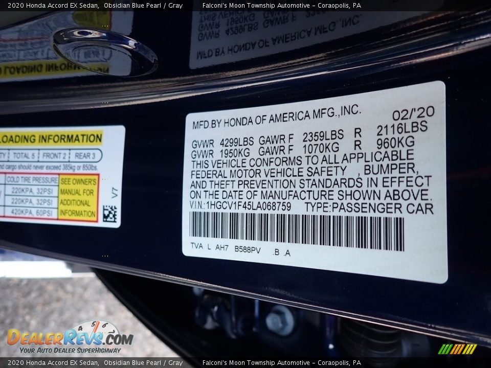 2020 Honda Accord EX Sedan Obsidian Blue Pearl / Gray Photo #13