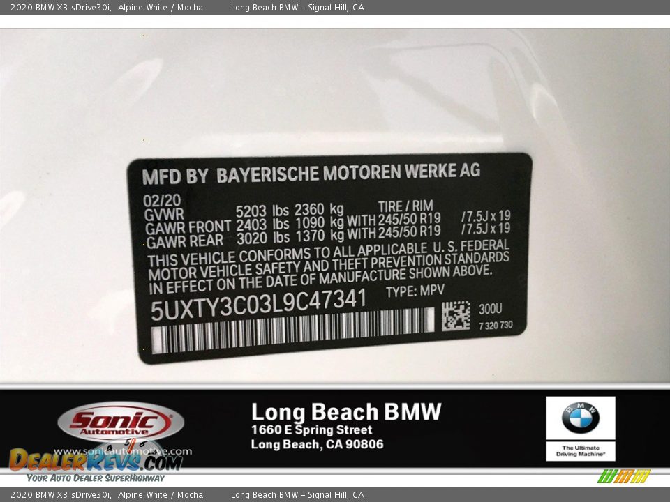 2020 BMW X3 sDrive30i Alpine White / Mocha Photo #10