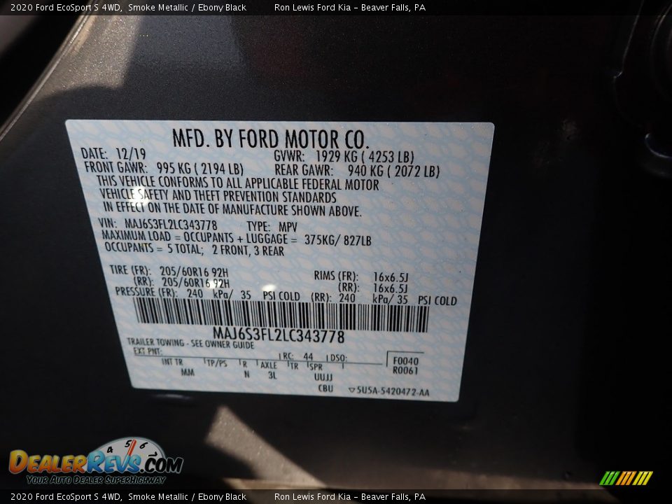 2020 Ford EcoSport S 4WD Smoke Metallic / Ebony Black Photo #11