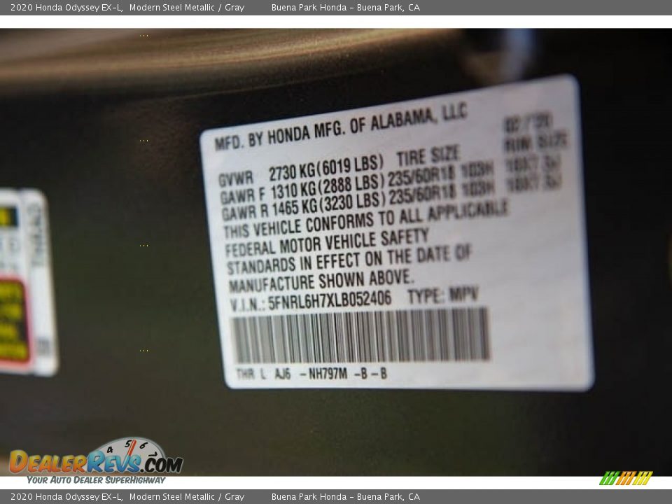 2020 Honda Odyssey EX-L Modern Steel Metallic / Gray Photo #28