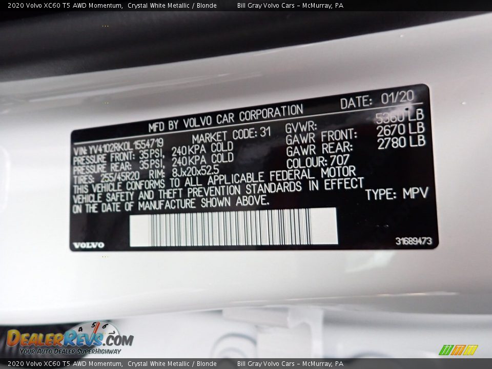 2020 Volvo XC60 T5 AWD Momentum Crystal White Metallic / Blonde Photo #11