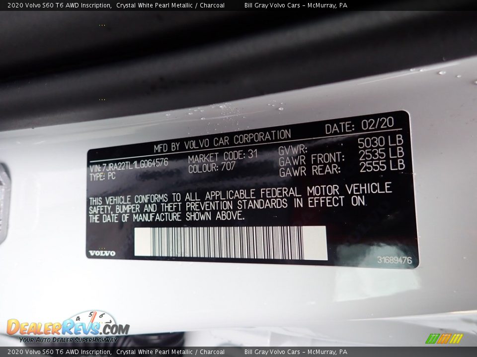 2020 Volvo S60 T6 AWD Inscription Crystal White Pearl Metallic / Charcoal Photo #11