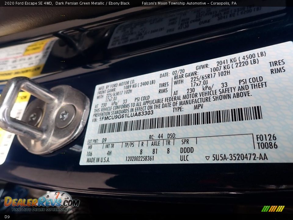 Ford Color Code D9 Dark Persian Green Metallic