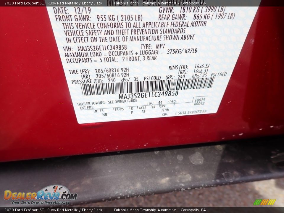 2020 Ford EcoSport SE Ruby Red Metallic / Ebony Black Photo #12