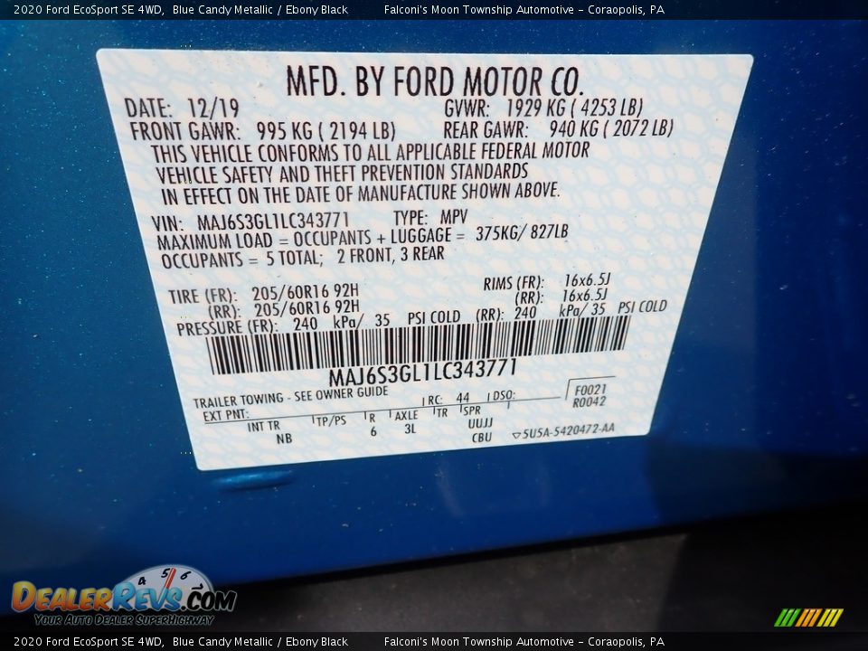 2020 Ford EcoSport SE 4WD Blue Candy Metallic / Ebony Black Photo #12