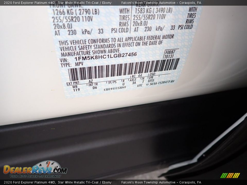 2020 Ford Explorer Platinum 4WD Star White Metallic Tri-Coat / Ebony Photo #11
