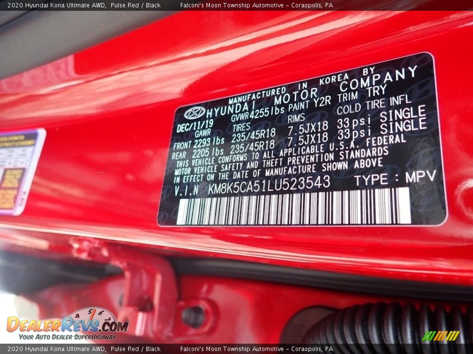 2020 Hyundai Kona Ultimate AWD Pulse Red / Black Photo #12