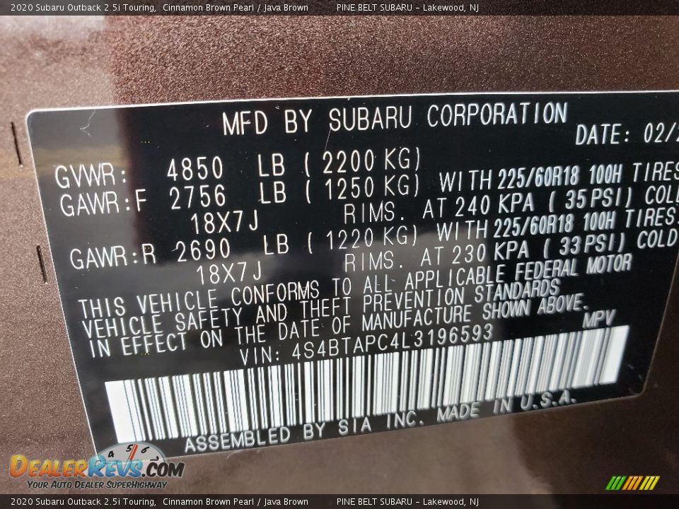 2020 Subaru Outback 2.5i Touring Cinnamon Brown Pearl / Java Brown Photo #13