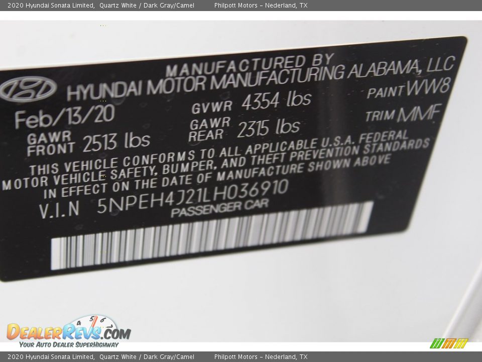2020 Hyundai Sonata Limited Quartz White / Dark Gray/Camel Photo #23
