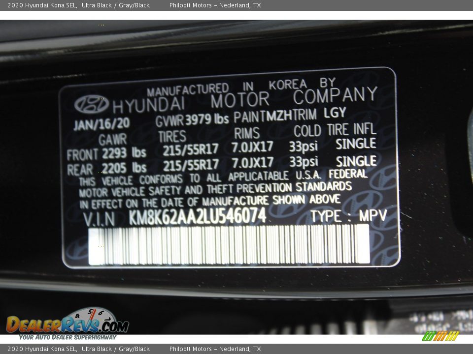 2020 Hyundai Kona SEL Ultra Black / Gray/Black Photo #26