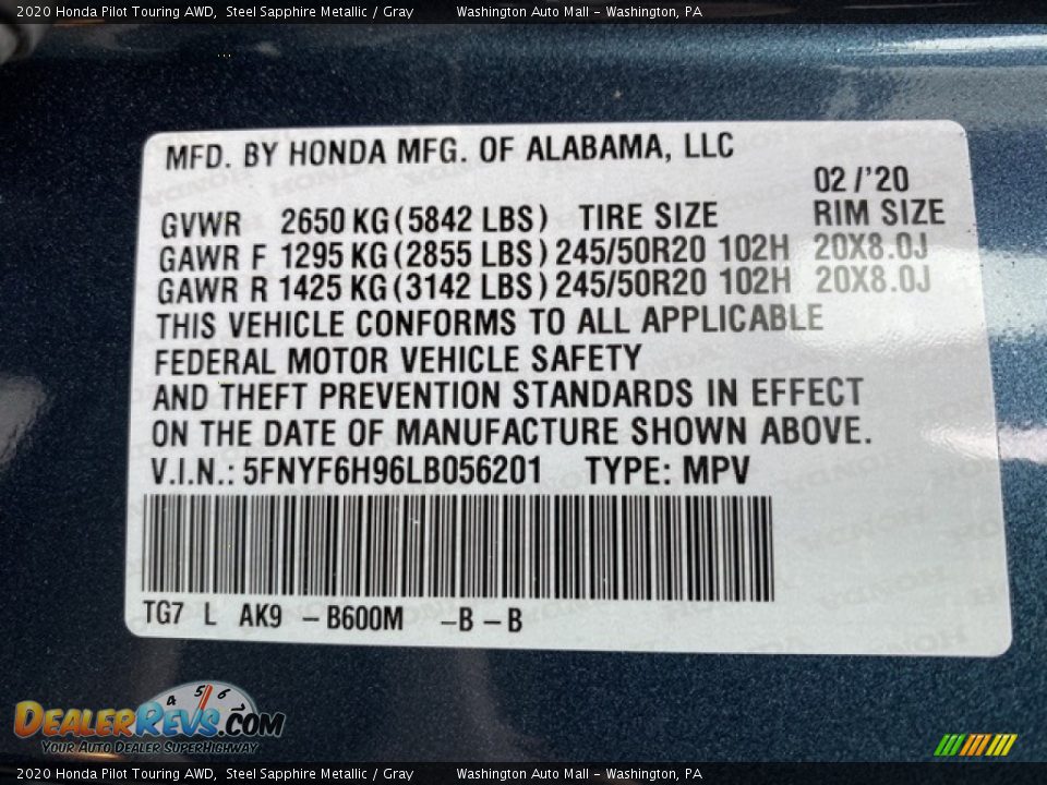 2020 Honda Pilot Touring AWD Steel Sapphire Metallic / Gray Photo #9