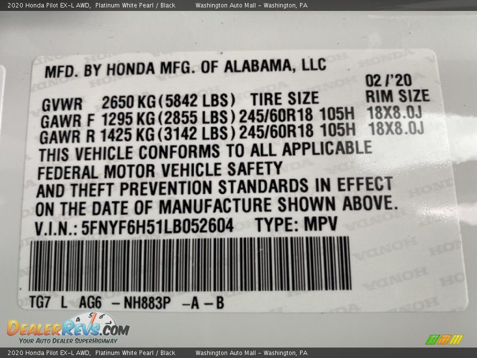 2020 Honda Pilot EX-L AWD Platinum White Pearl / Black Photo #9