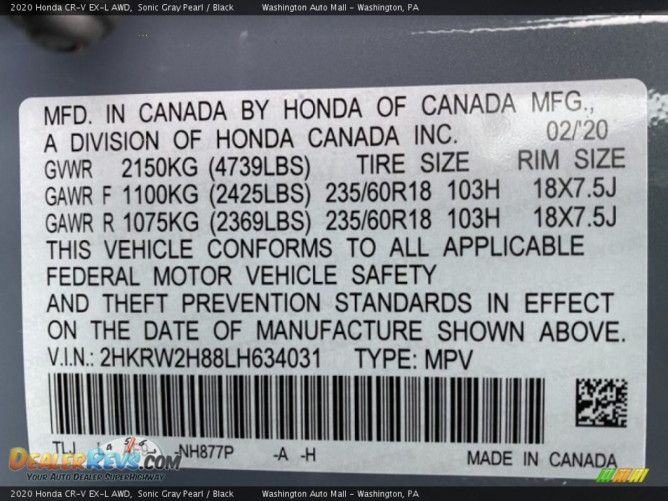 2020 Honda CR-V EX-L AWD Sonic Gray Pearl / Black Photo #9