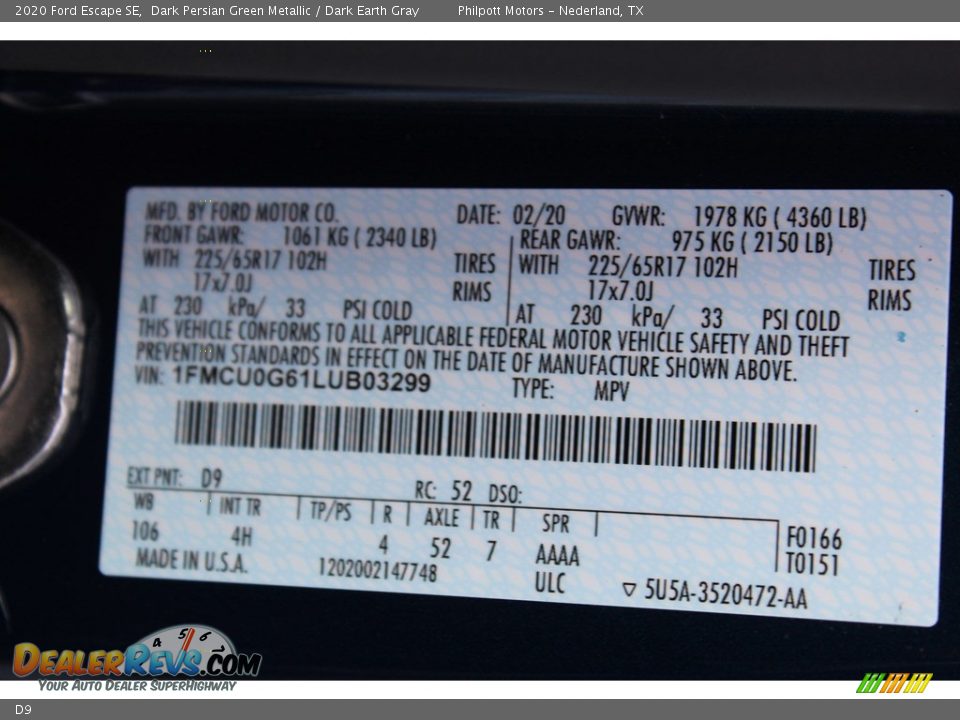 Ford Color Code D9 Dark Persian Green Metallic