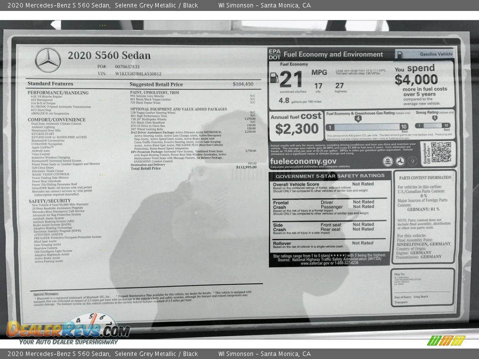 2020 Mercedes-Benz S 560 Sedan Window Sticker Photo #10