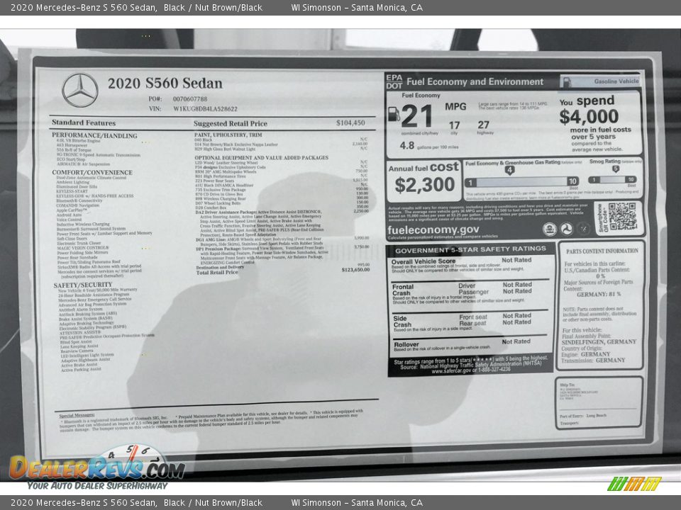 2020 Mercedes-Benz S 560 Sedan Window Sticker Photo #10