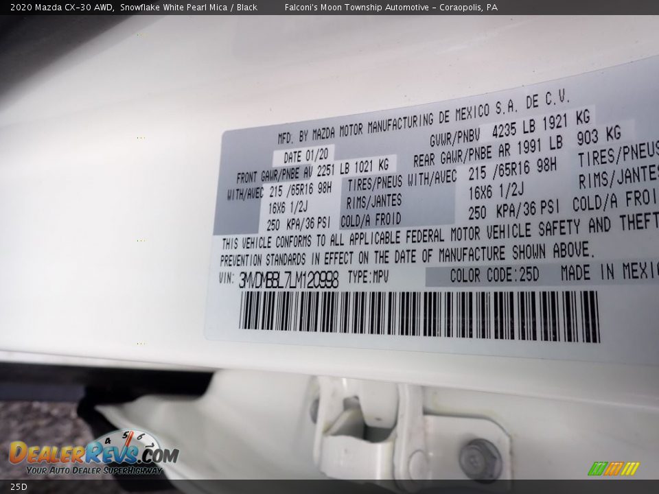 Mazda Color Code 25D Snowflake White Pearl Mica