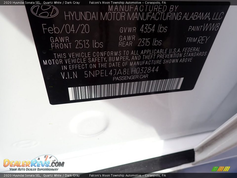2020 Hyundai Sonata SEL Quartz White / Dark Gray Photo #12
