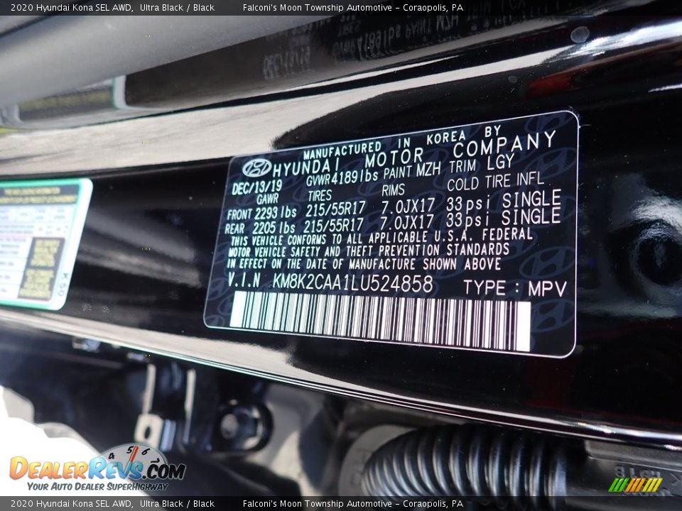 2020 Hyundai Kona SEL AWD Ultra Black / Black Photo #12