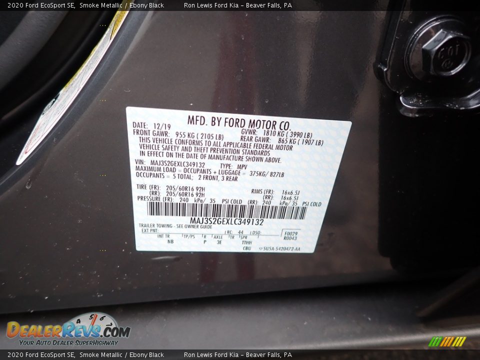 2020 Ford EcoSport SE Smoke Metallic / Ebony Black Photo #11