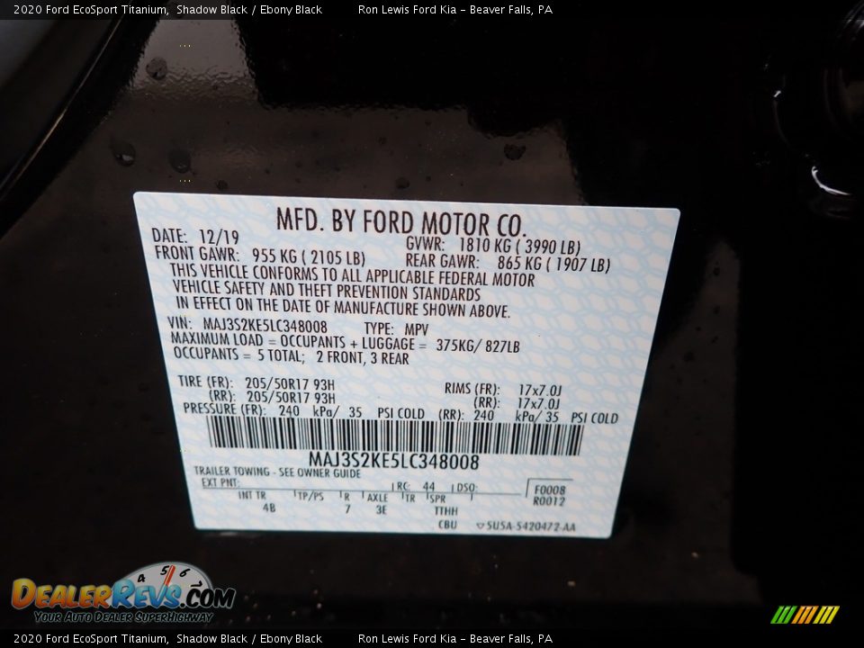 2020 Ford EcoSport Titanium Shadow Black / Ebony Black Photo #11