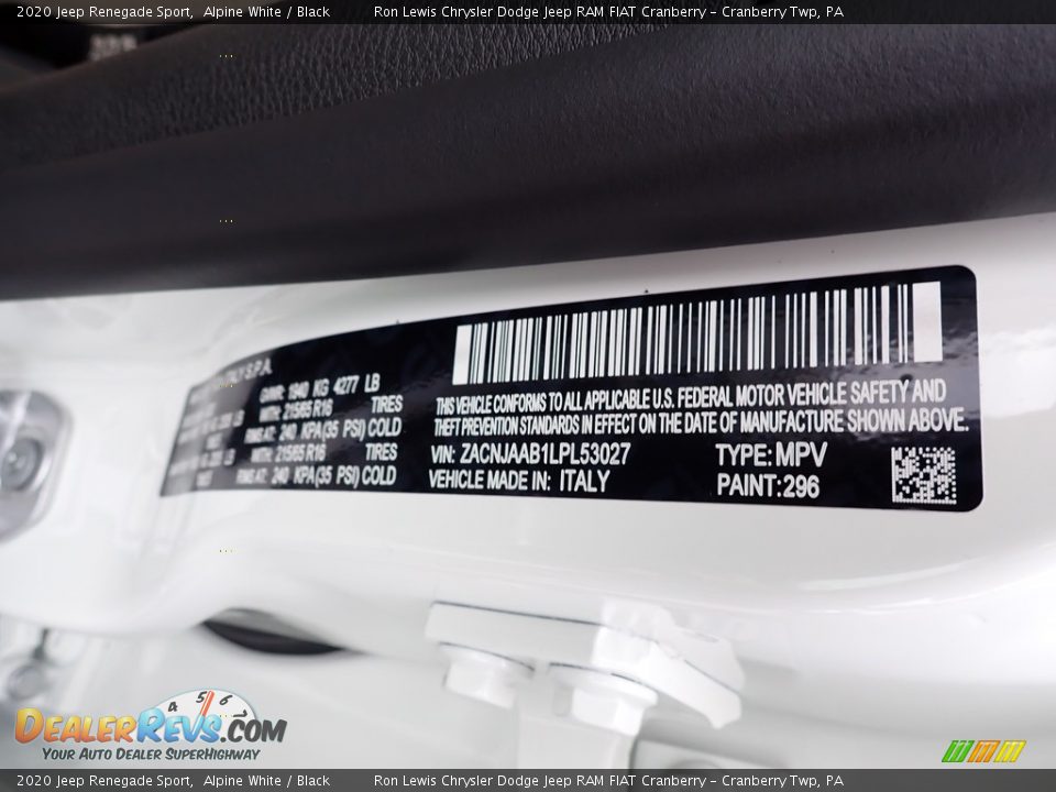 2020 Jeep Renegade Sport Alpine White / Black Photo #15