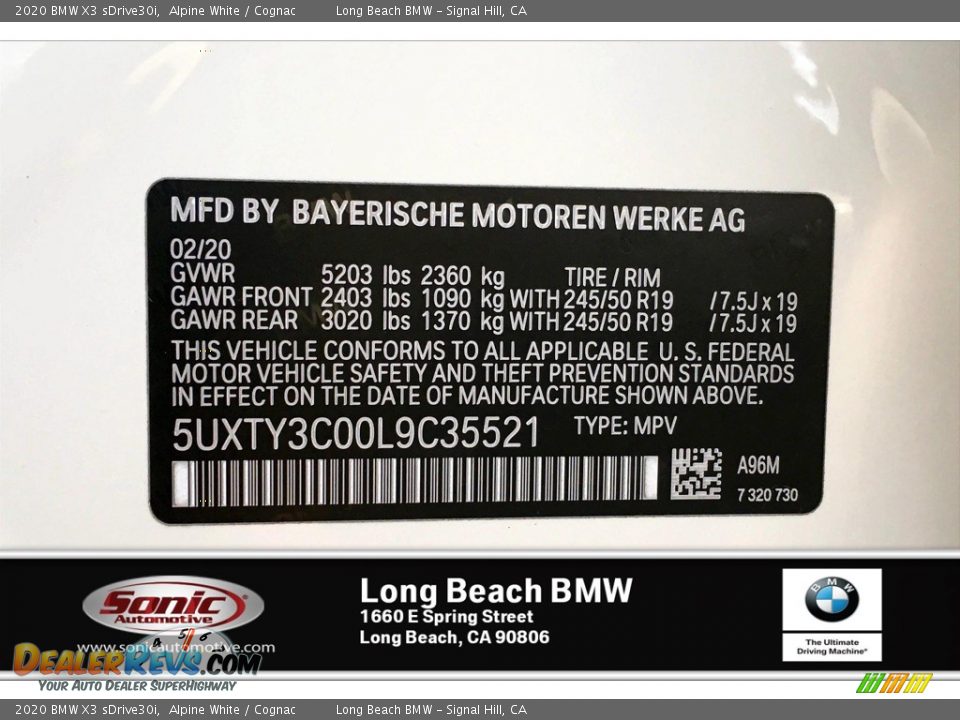 2020 BMW X3 sDrive30i Alpine White / Cognac Photo #11