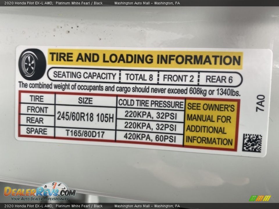 2020 Honda Pilot EX-L AWD Platinum White Pearl / Black Photo #8