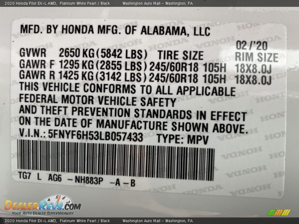 2020 Honda Pilot EX-L AWD Platinum White Pearl / Black Photo #9