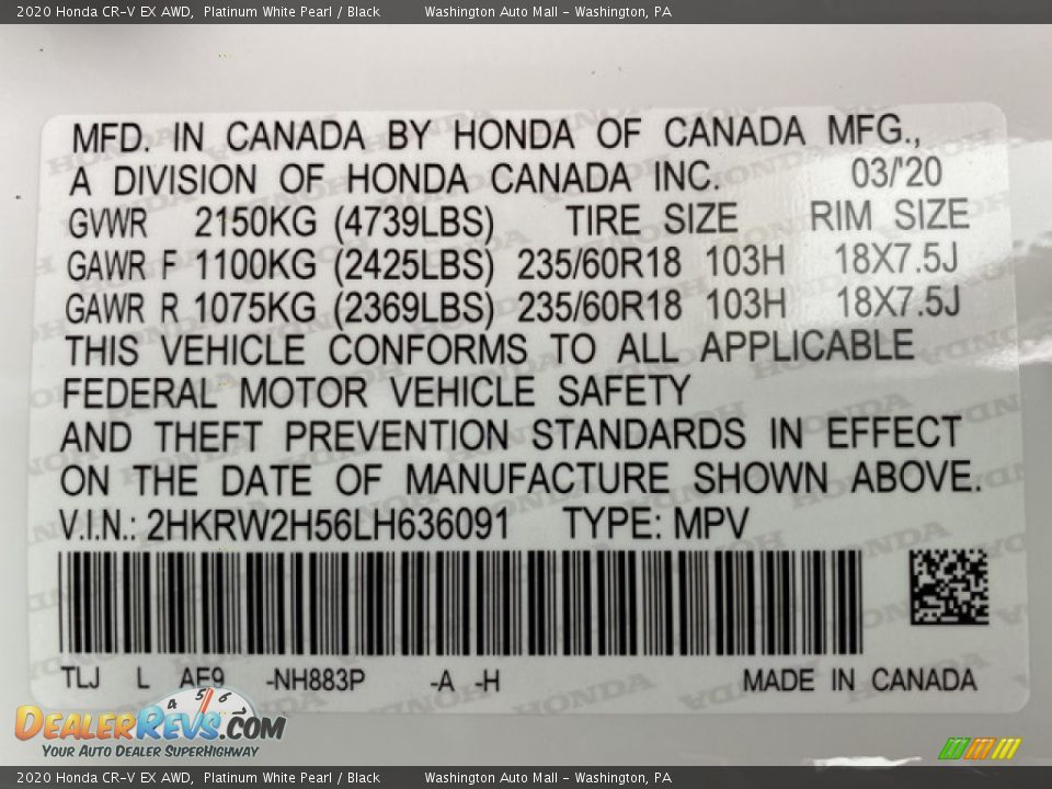 2020 Honda CR-V EX AWD Platinum White Pearl / Black Photo #9