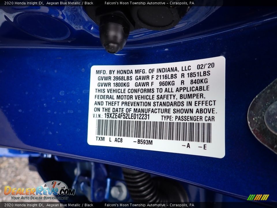 2020 Honda Insight EX Aegean Blue Metallic / Black Photo #12