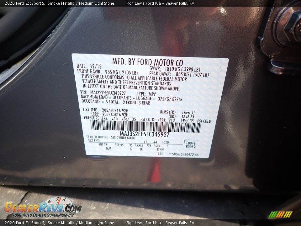 2020 Ford EcoSport S Smoke Metallic / Medium Light Stone Photo #11