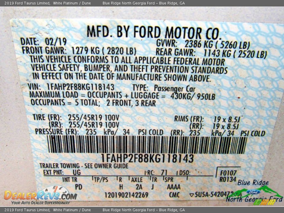 2019 Ford Taurus Limited White Platinum / Dune Photo #25