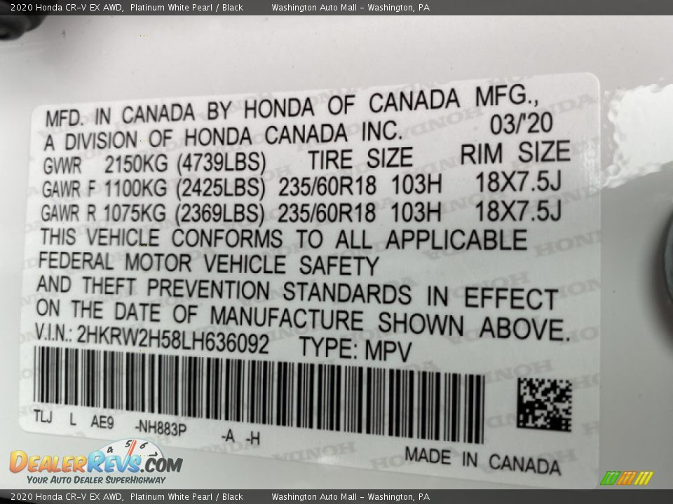 2020 Honda CR-V EX AWD Platinum White Pearl / Black Photo #9