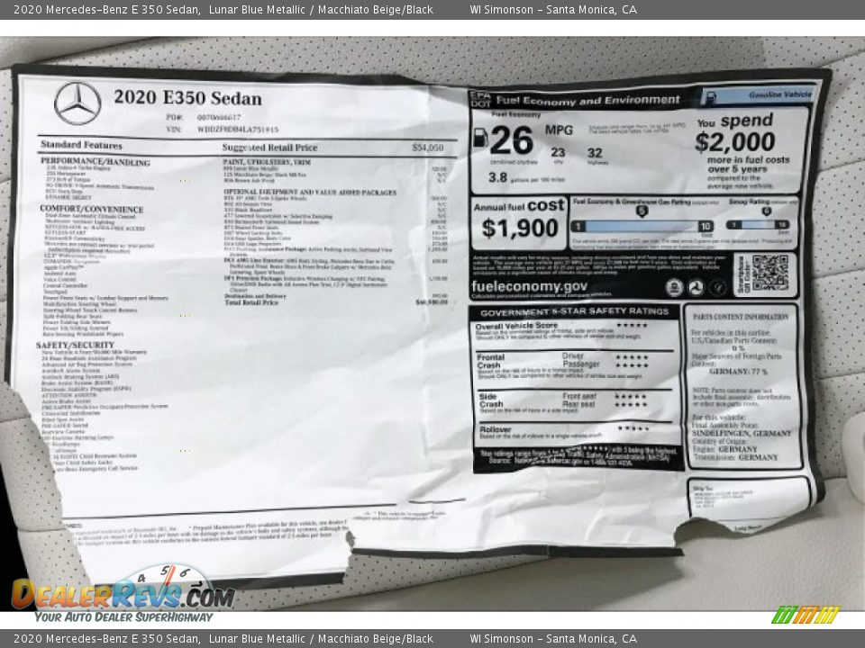 2020 Mercedes-Benz E 350 Sedan Window Sticker Photo #10