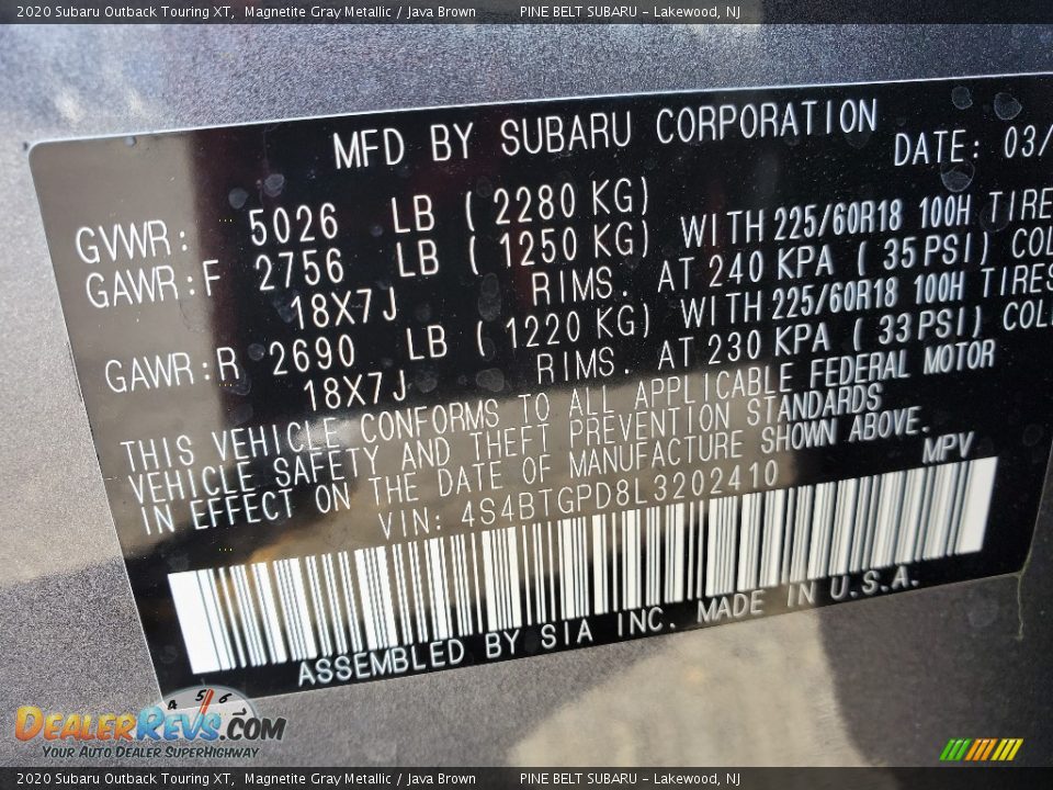 2020 Subaru Outback Touring XT Magnetite Gray Metallic / Java Brown Photo #13