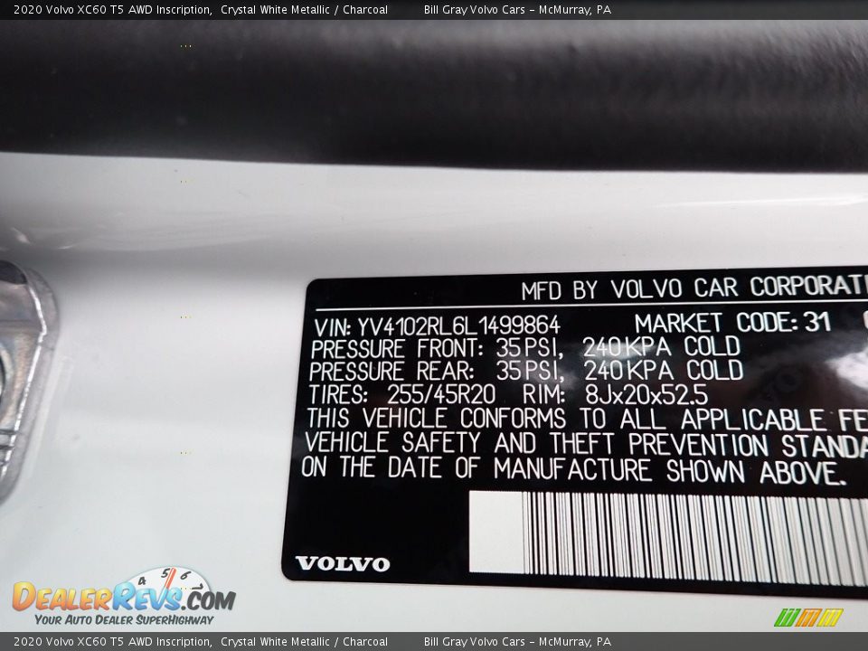 2020 Volvo XC60 T5 AWD Inscription Crystal White Metallic / Charcoal Photo #11