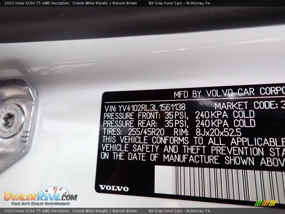 2020 Volvo XC60 T5 AWD Inscription Crystal White Metallic / Maroon Brown Photo #11