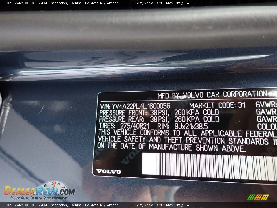 2020 Volvo XC90 T6 AWD Inscription Denim Blue Metallic / Amber Photo #11