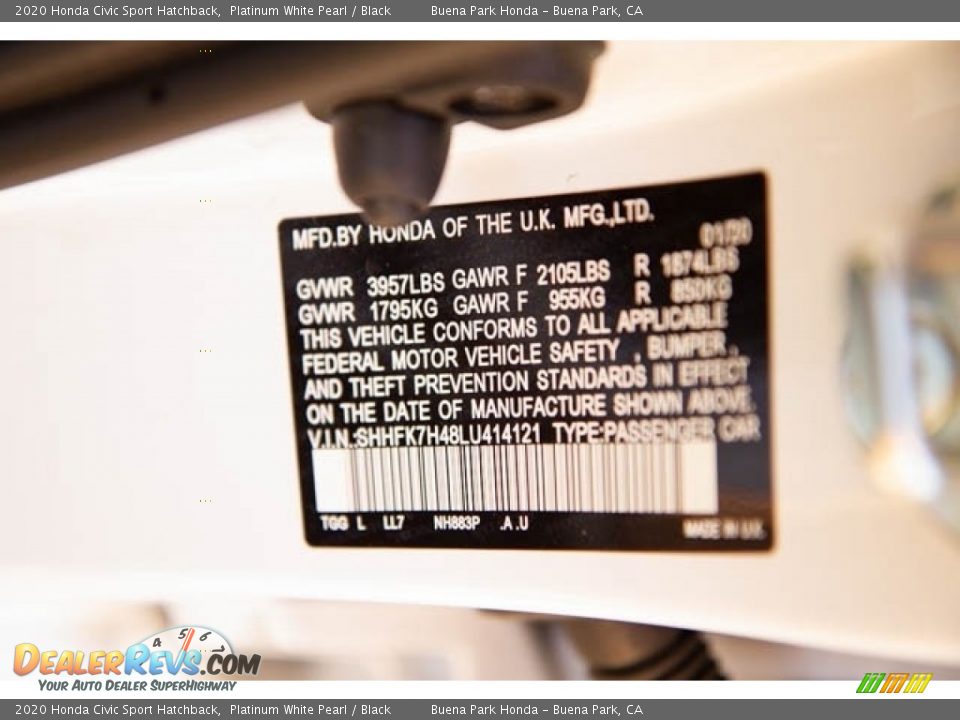 2020 Honda Civic Sport Hatchback Platinum White Pearl / Black Photo #36