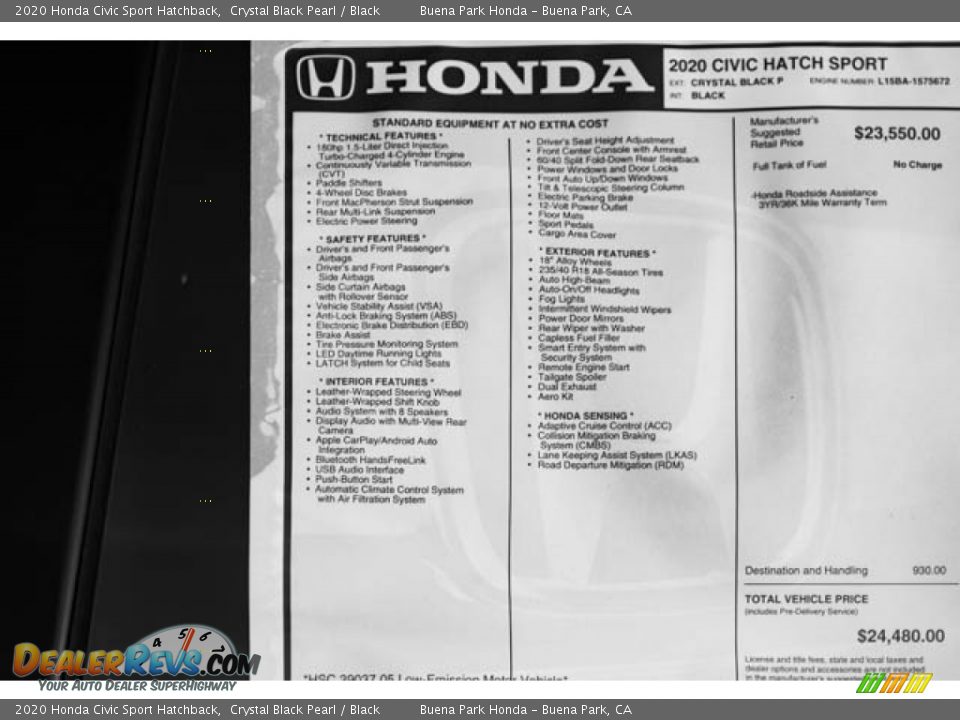 2020 Honda Civic Sport Hatchback Crystal Black Pearl / Black Photo #36