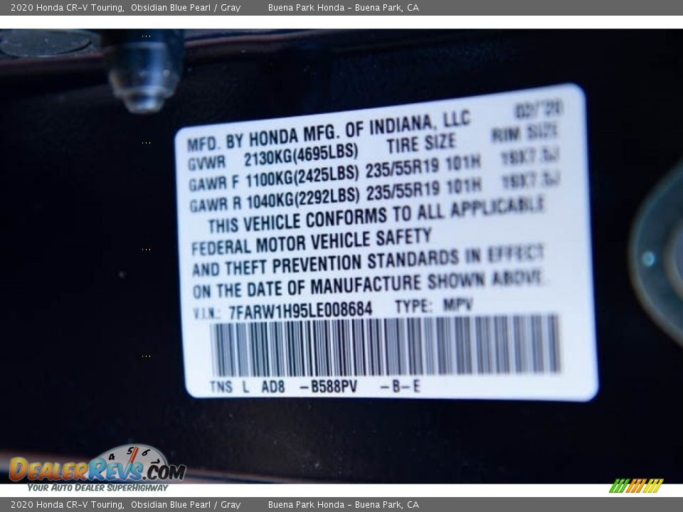 2020 Honda CR-V Touring Obsidian Blue Pearl / Gray Photo #34