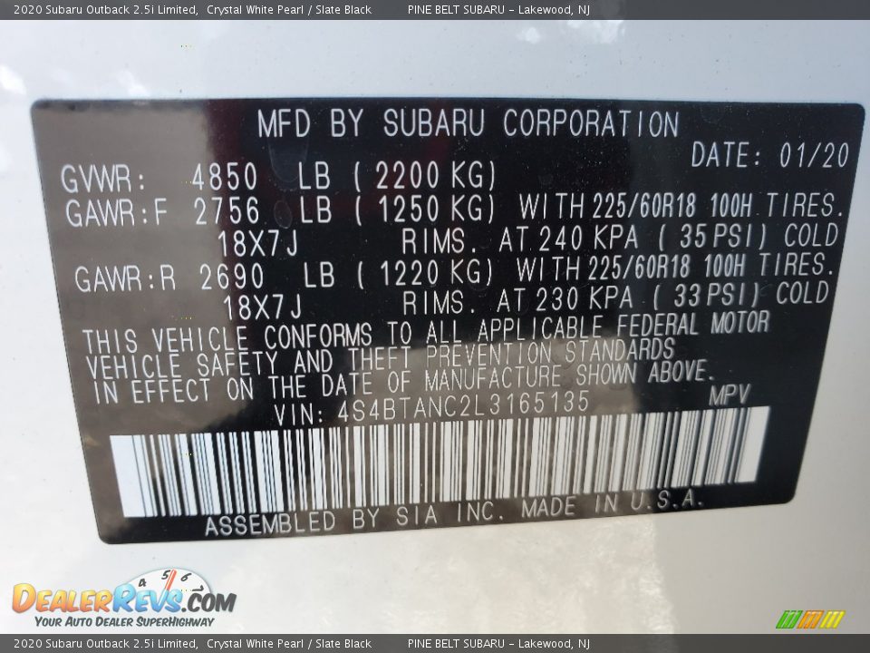 2020 Subaru Outback 2.5i Limited Crystal White Pearl / Slate Black Photo #9