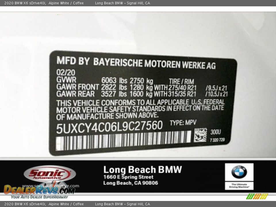 2020 BMW X6 sDrive40i Alpine White / Coffee Photo #17